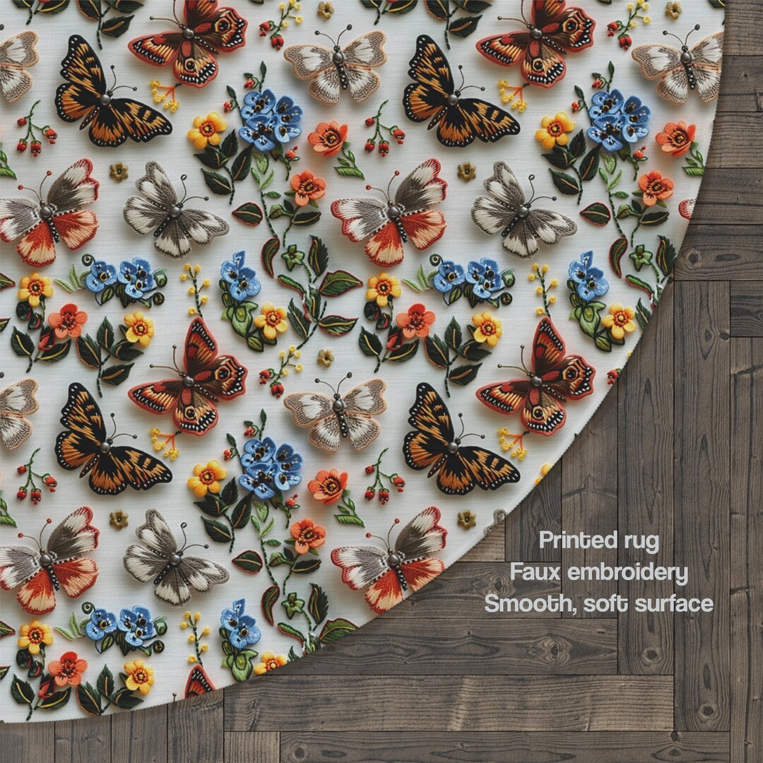 Butterflies Round Area Rug Carpet, Faux Embroidery Washable American ...
