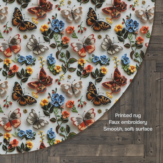 Butterflies Round Area Rug Carpet, Faux Embroidery Washable
