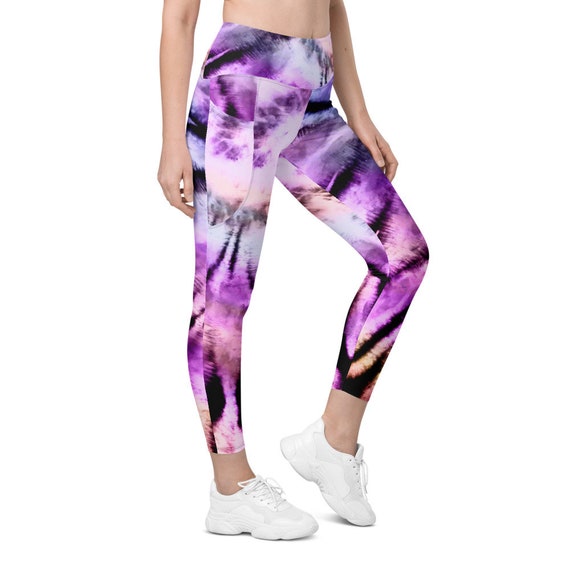 Purple Black Tie Dye Women Leggings Side Pockets, Printed Yoga Pants  Graphic Workout Running Gym Designer Plus Size Tights 