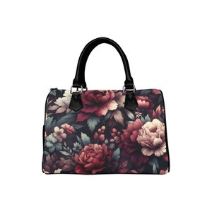Burgund Blumen Handtasche Geldbörse, süße kastanienbraune Blumen Print Art Top Reißverschluss Canvas Leder Top Griff Barrel Typ Frauen Designer Accessoire