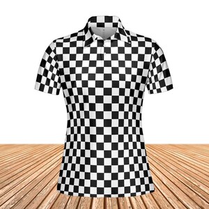 Rutig pikétröja för kvinnor, svartvit rutig racingflagga slim fit kortärmad krage casual sommar knäppt sport golftröja