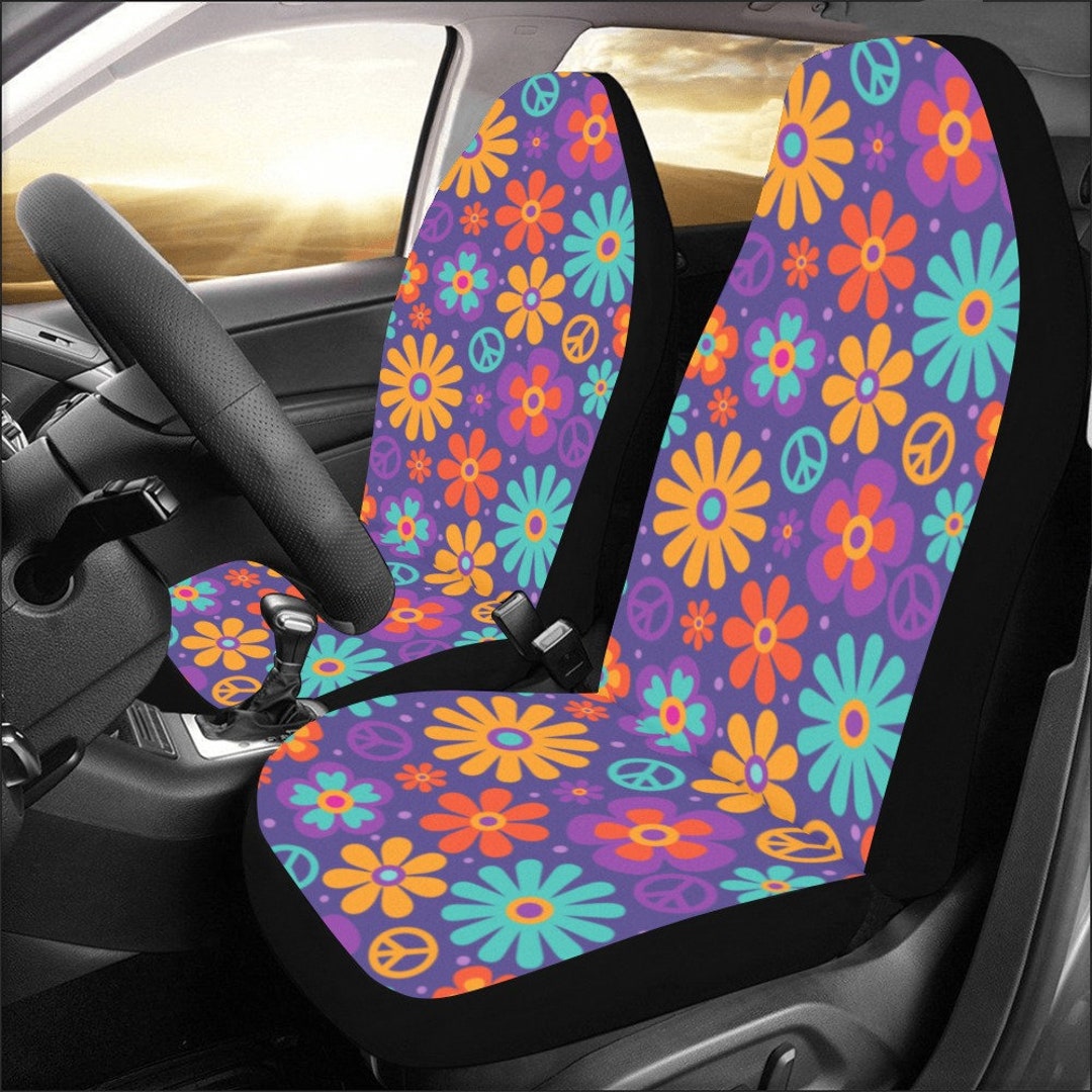 Groovy Flower Car Seat Covers for Vehicle 2 Pc, Peace Sign Daisy Floral