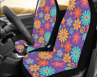 Groovy Flower Car Seat Covers for Vehicle 2 pc, Peace Sign Daisy Floral 70s Hippie Cute Front Car SUV Vans Gift Her Women Truck Accessory