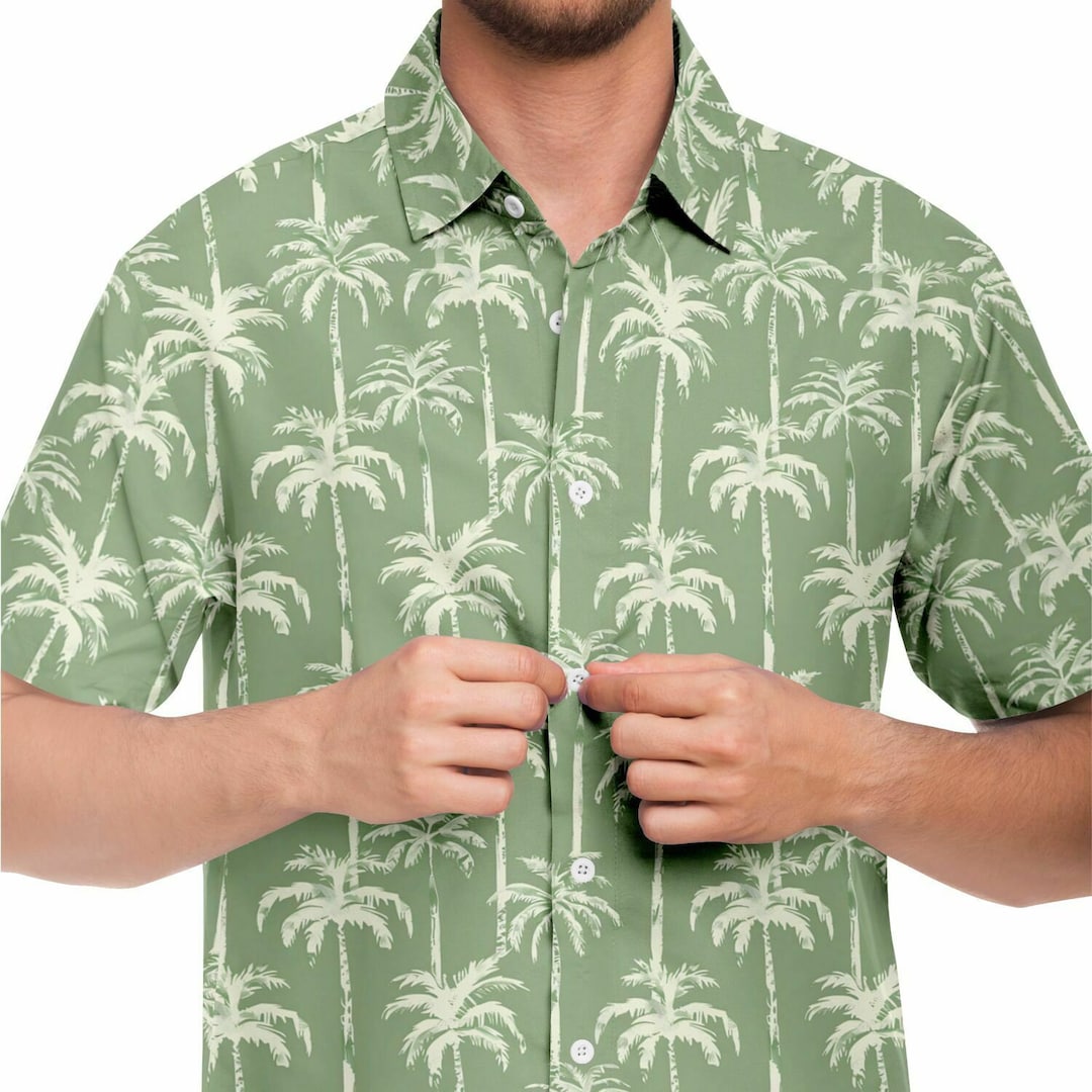 palm tree dress shirt Green Palm Trees Men Button Up Shirt, Olive Beach Short Sleeve Print Casual Buttoned Down Summer Male Guys Collared Designer Dress Shirt