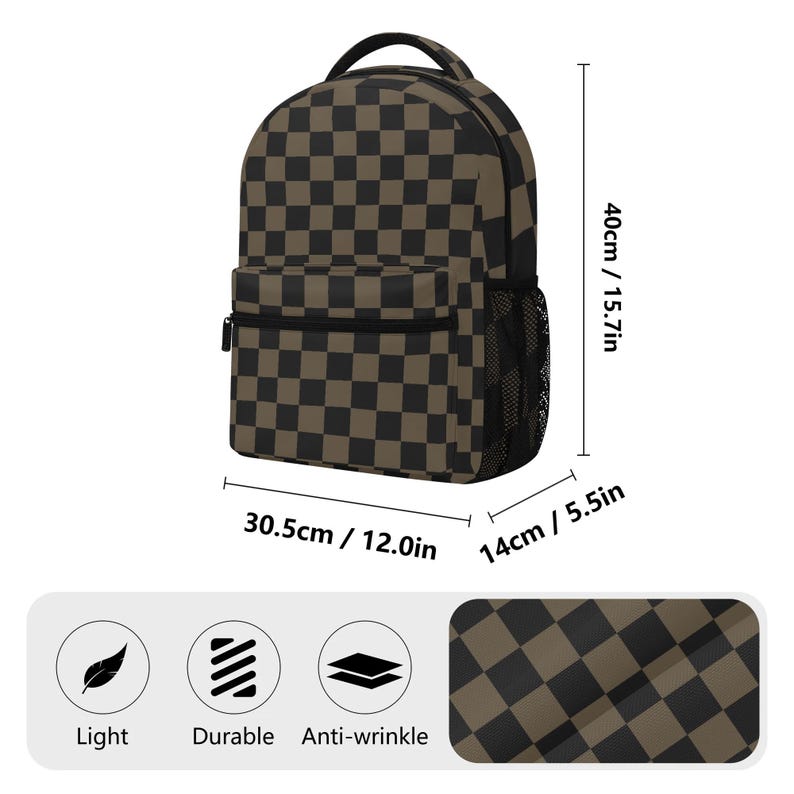 Black Brown Check Backpack, Checkered Racing Men Women Kids Books ...