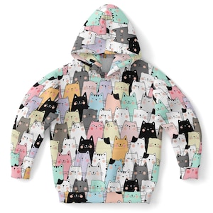 Katzen Kinder Pullover Hoodie, süße Kätzchen Mädchen Jungen Kleinkind Jugend Kinder Fleece Ästhetische Grafik Baumwolle Kapuzen-Sweatshirt mit Taschen