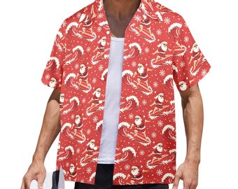 Christmas Hawaiian Men Shirt, Red Santa Claus Surfing Xmas Beach Print Vintage Aloha Hawaii Retro Tropical Plus Size Pocket Guys Button Down