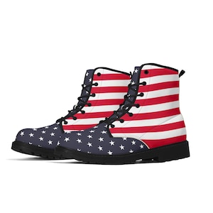 Botas de cuero para hombres con bandera estadounidense, rayas de estrellas, EE. UU., rojo, blanco, azul, América patriótica, zapatos con cordones, festival, tobillo negro, combate, trabajo, senderismo