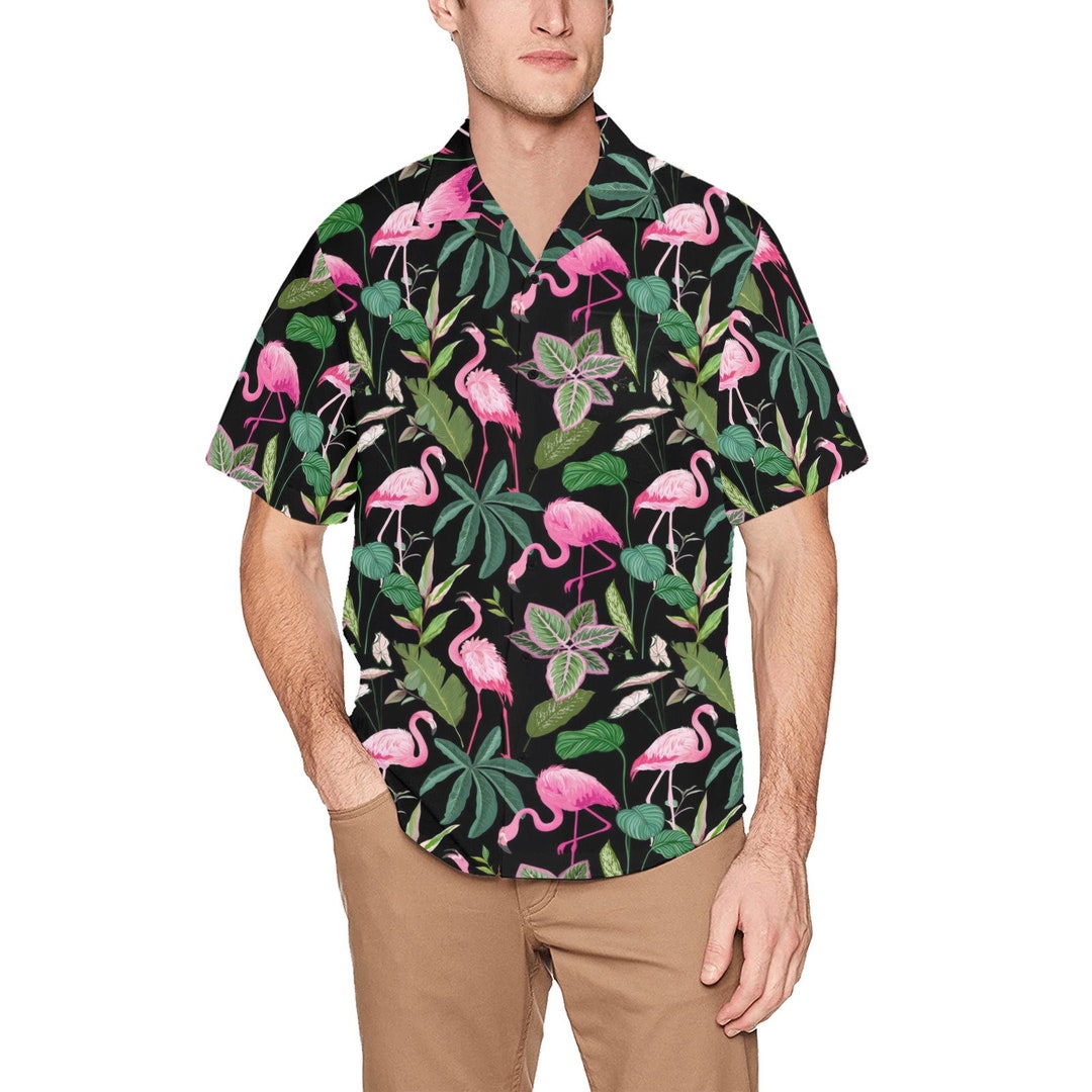 Pink Flamingo Men Hawaiian Shirt Chest Pocket, Tropical Leaves Black ...