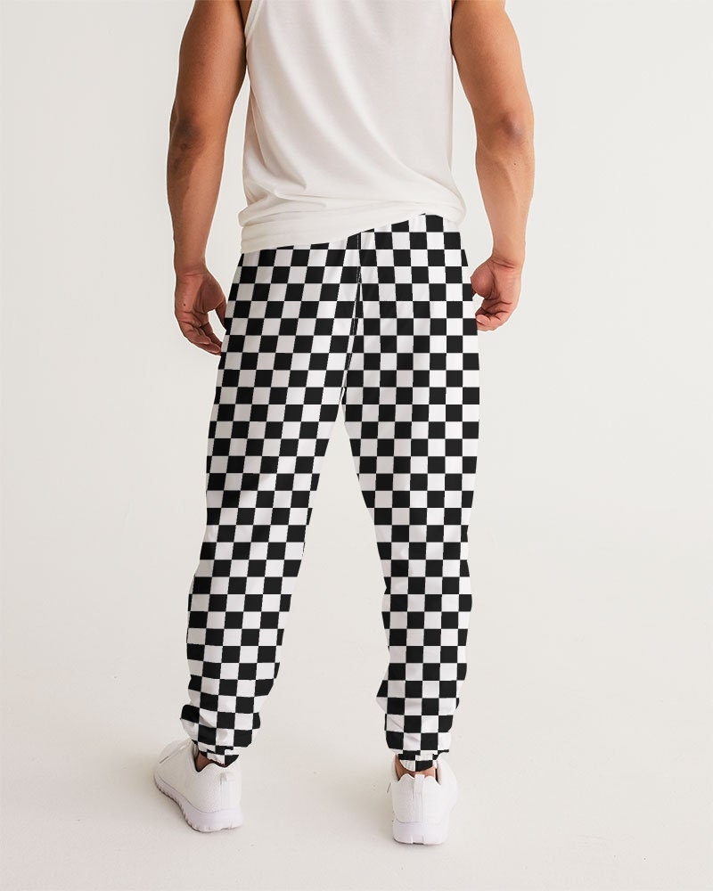 Black White Checkered Men Track Pants, Racing Check Zip