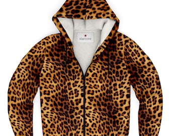 Leopard Zip Up Fleece Lined Hoodie, Animal Print Cheetah Full Zipper Pocket Men Women Unisex Adult Aesthetic Graphic Hooded Sweatshirt