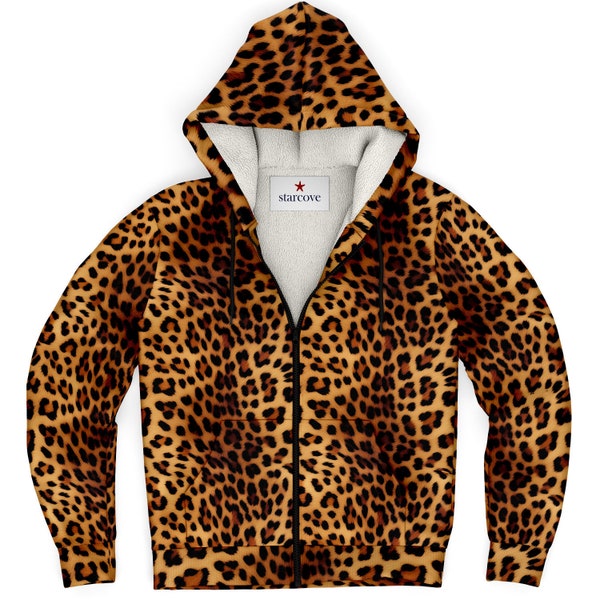 Leopard Zip Up Fleece gefüttert Hoodie, Animal Print Gepard Volle Reißverschlusstasche Männer Frauen Unisex Erwachsene ästhetische Grafik Kapuzen-Sweatshirt