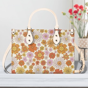 Sac à main à bandoulière floral rétro rose vintage Groovy bandoulière en cuir végétalien avec poignée supérieure sac à main imprimé petit grand sac femme dames sac fourre-tout de créateur