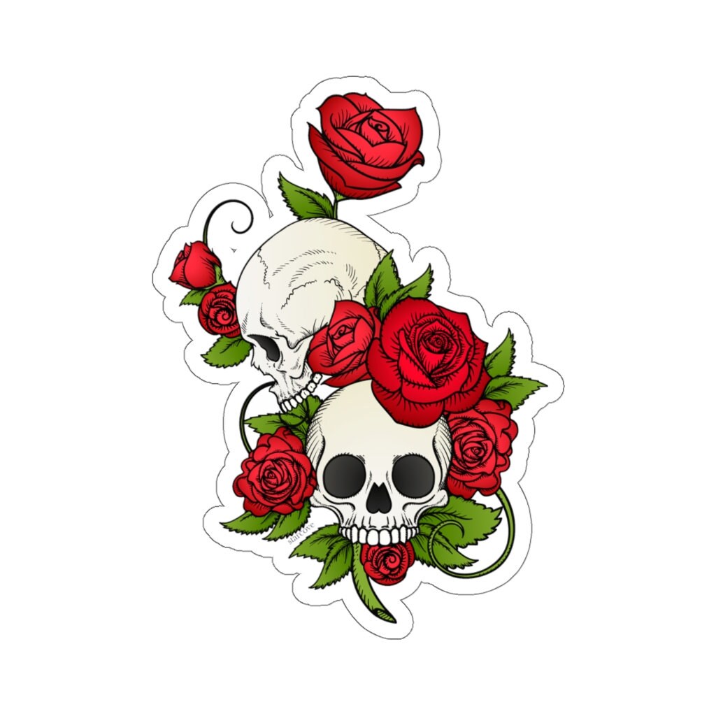 Calcomanía de rosas de calavera, tatuaje de esqueleto gótico rojo,  calcomanía para portátil, vinilo, botella de agua bonita, vaso, coche,  parachoques impermeable, troquelado estético - Etsy México, image size:1024x1024