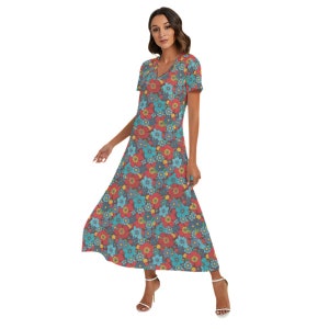 Retro Floral Women V-neck Maxi Dress With Side Slit Ankle Length, Vintage Blue Red Flowers Boho Short Sleeve Casual Summer Cute Designer