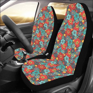 Groovy Flower Car Seat Covers for Vehicle 2 pc, Vintage Floral 70s Hippie Cute Front Car SUV Vans Gift Her Women Truck Protector Accessory