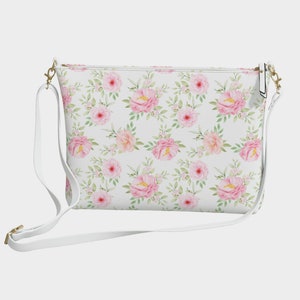 Sac à main à bandoulière en cuir végétalien fleurs roses pour femme, roses florales petit sac à main blanc sac à bandoulière pour femme avec bandoulière zippée de créateur