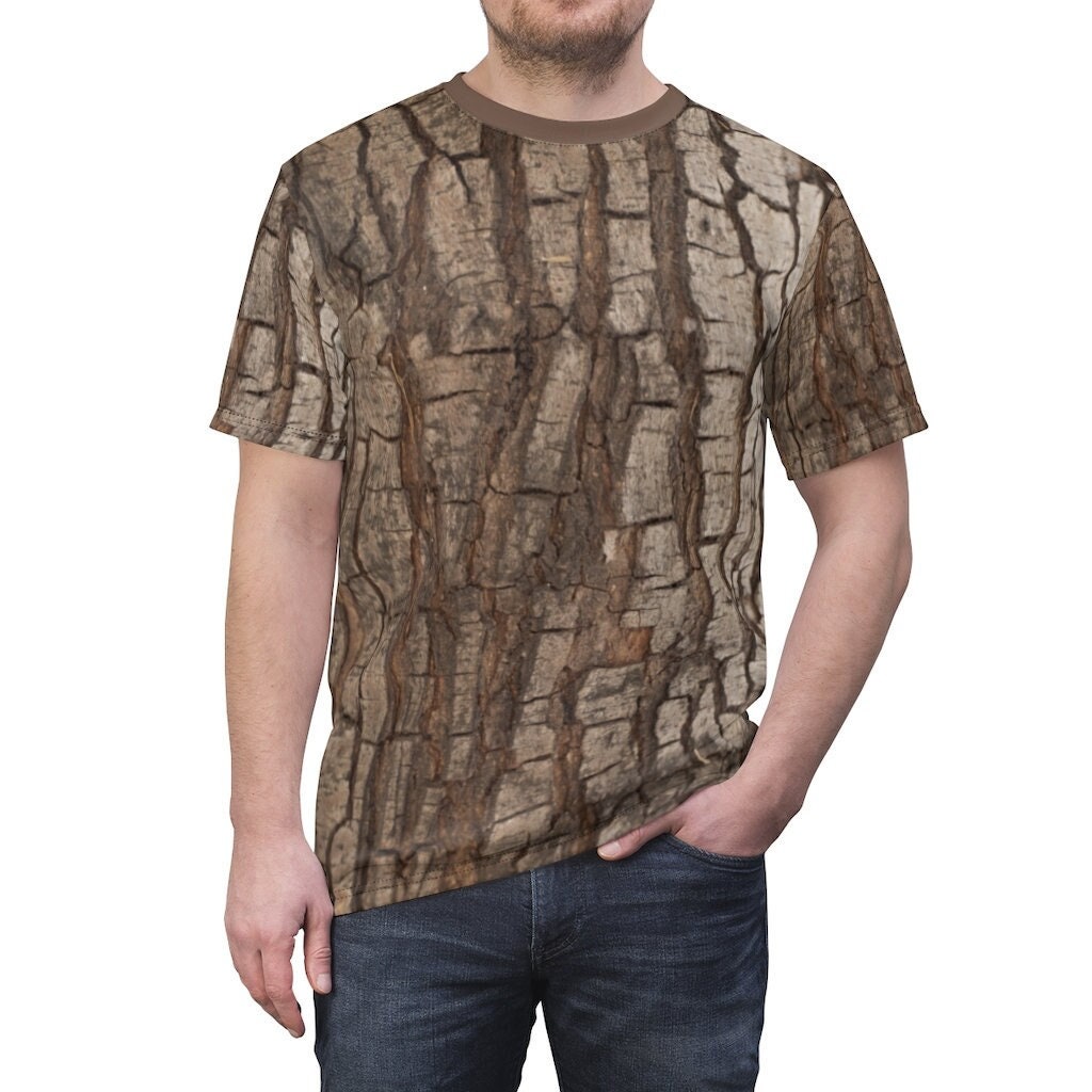 Real Tree Bark Print Shirt, Camo Costume Men Adult Wood Trunk