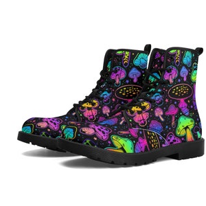 Mushroom Women Leather Boots, Trippy Magic Vegan Lace Up Shoes EDM Rave Festival Black Ankle Combat Work Winter Waterproof Custom Gift