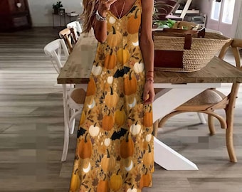 Pumpkins Half Moon Maxi Dress, Orange Witch Fall Halloween Bats Long Spaghetti Straps Flowy Women Sleeveless Designer Plus Size Cocktail