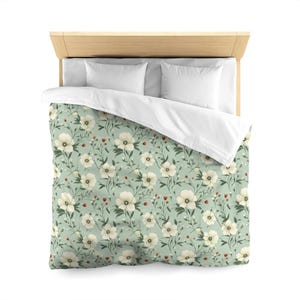 Sage Green Floral Duvet Cover, Flowers Olive Bedding Queen King Full Twin XL Size Microfiber Unique Designer Bed Quilt Bedroom Decor
