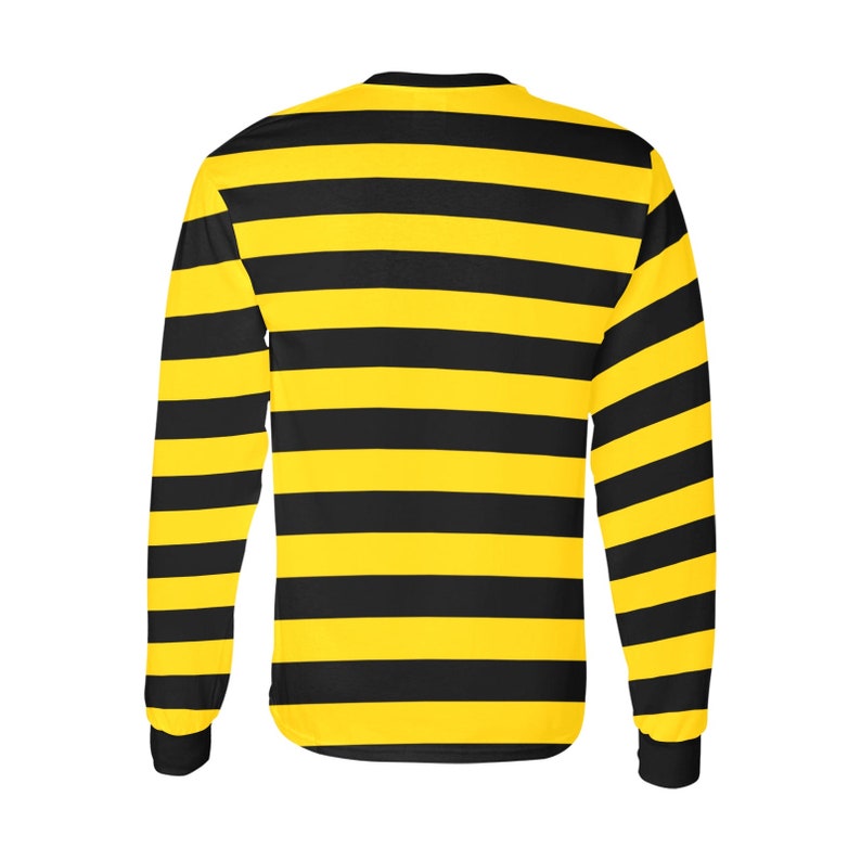 May include: A long-sleeved shirt with black and yellow horizontal stripes.