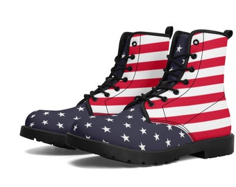 American Flag Men Leather Boots, Stars Stripes USA Blue Red White Patriotic Lace Up Shoes Festival Black Ankle Combat Work Custom Gift