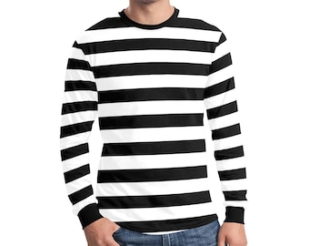 Svartvit herrlångärmad randig t-shirt, grafisk vintage retro-ränder rund hals unisex dam designertröja