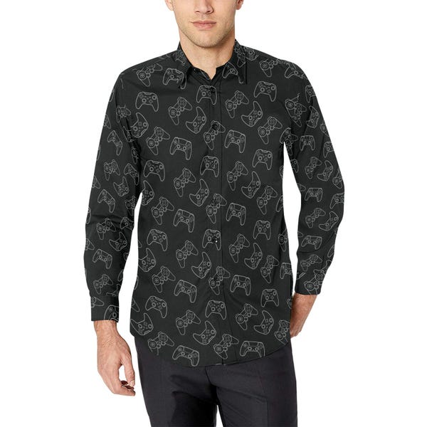 Gaming Long Sleeve Men Button Up Shirt, Video Game Console controller Geeky Print Guys Male Buttoned Down Collared Casual Dress Plus Size
