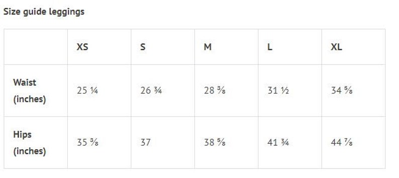 May include: A size guide for leggings, with measurements in inches. The chart shows waist and hip sizes for XS, S, M, L, and XL. Waist sizes range from 25 1/4 to 34 5/8 inches, and hip sizes range from 35 3/8 to 44 7/8 inches.