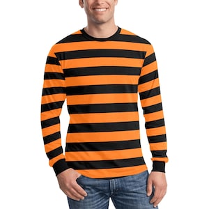 Camiseta de manga larga para hombre a rayas negras y naranjas, gráfico vintage retro rayas punk Halloween cuello redondo unisex mujer diseñador camiseta