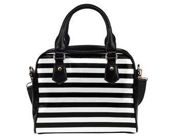 Striped Purse, Black and White Stripes Print Small Mini Shoulder Bag Vegan Leather Women Ladies Designer Crossbody Top Handle Handbag