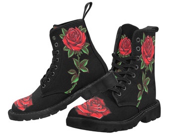 Red Roses Women's Boots, Floral Flowers Vegan Canvas Lace Up Shoes, Flower Print Black Ankle Combat, Casual Custom Gift