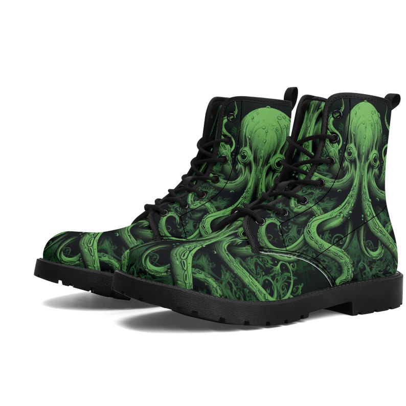 Octopus Men Leather Boots, Tentacles Green Vegan Lace Up Shoes Hiking Festival Black Ankle Combat Work Winter Waterproof Custom Gift image 2