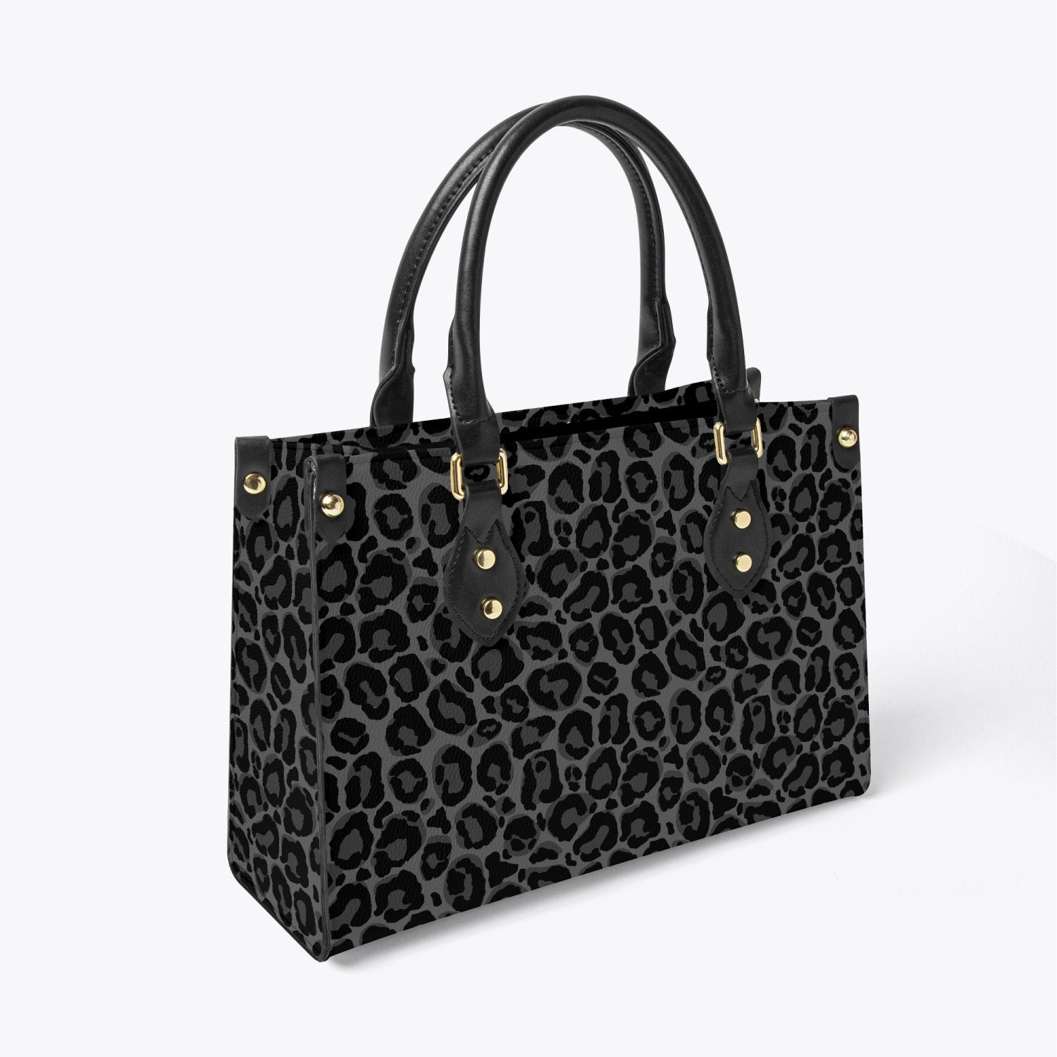Black Leopard Tote Bag Purse, Cheetah Grey Print Top Handle