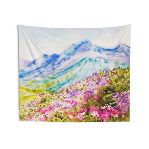 Watercolor Mountain Tapestry, Spring Flowers Nature Landscape Fabric Indoor Wall Art Hanging Large Small Decor Home Bedroom Dorm Room