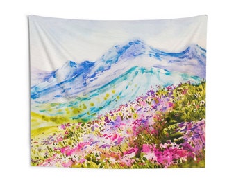 Watercolor Mountain Tapestry, Spring Flowers Nature Landscape Fabric Indoor Wall Art Hanging Large Small Decor Home Bedroom Dorm Room
