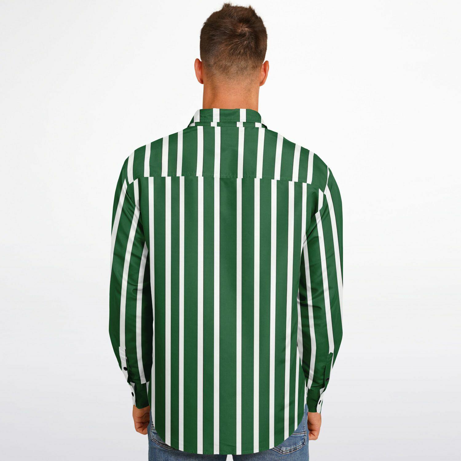 Green White Striped Long Sleeve Men Button Up Shirt, Vertical Stripes Guys Male Print Buttoned Down Collared Graphic Casual Dress Plus Size XS Green White Striped Long Sleeve Men Button Up Shirt, Vertical Stripes Guys Male Print Buttoned Down Collared Graphic Casual Dress Plus Size XS