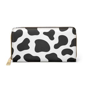 Portafoglio in pelle con stampa mucca da donna, animale nero bianco vegano con cerniera lampo intorno alle monete, carte di credito, tasca per contanti, da donna, pochette