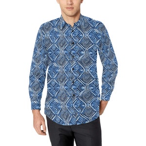 Indigo Blue Adire Long Sleeve Men Button Up Shirt, African Tie Dye Print Buttoned Collared Casual Dress Shirt with Chest Pocket