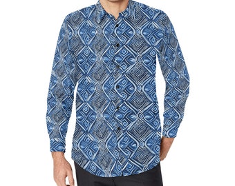 Chemise boutonnée à manches longues Adire bleu indigo pour hommes, chemise de tenue décontractée boutonnée à col boutonné imprimé africain avec poche poitrine