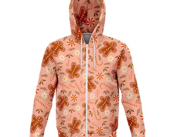 Gingerbread Christmas Zip Up Hoodie, Winter Front Zipper Pocket Men Women Adult Aesthetic Graphic Cotton Hooded Sweatshirt
