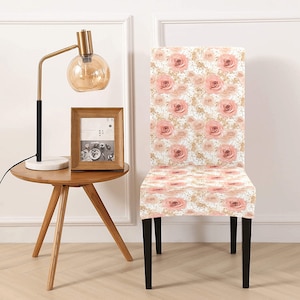 Rose Gold Dining Chair Seat Covers, Pink Floral Flowers Vintage Retro Stretch Slipcover Furniture Dining Kitchen Room Stool Wedding Bridal
