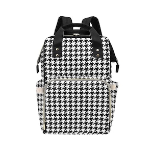 Houndstooth Diaper Bag Backpack, Black White Baby Boy Girl Waterproof Insulated Pockets Stylish Mom Dad Designer Men Women Multipurpose