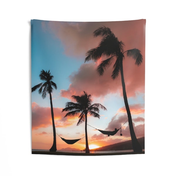 Palm tree Hawaii Tapestry, Sunset Island Hammock Vertical  Indoor Wall Art Hanging Large Small Decor Home Dorm Room Gift