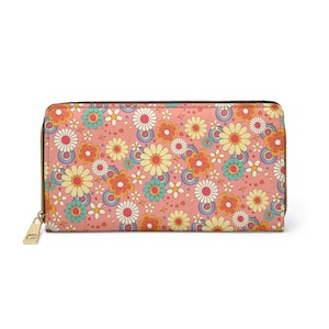 Portafoglio in pelle floreale retrò rosa da donna, fiori vintage vegano con cerniera, monete, carte di credito, tasca per contanti, pochette sottile da donna