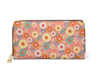 Cartera de piel con diseño floral retro rosa para mujer, estilo vintage vegano, con cremallera, para monedas, tarjetas de crédito, dinero en efectivo, tipo sobre.