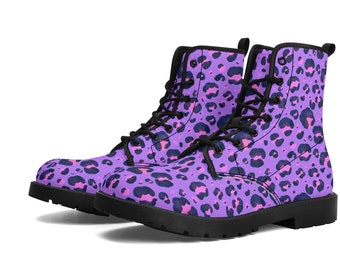 Purple Leopard Women Leather Boots, Animal Print Vegan Lace Up Shoes Hiking Festival Black Ankle Combat Work Winter Waterproof Custom Ladies