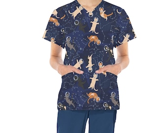 Gatos en el Espacio Médico Scrubs Top Mujeres, Gatitos Señoras Mujer Tallas Grandes Enfermería Lindo Impreso Enfermera Veterinaria Asistente Veterinario Bolsillos de Uniforme