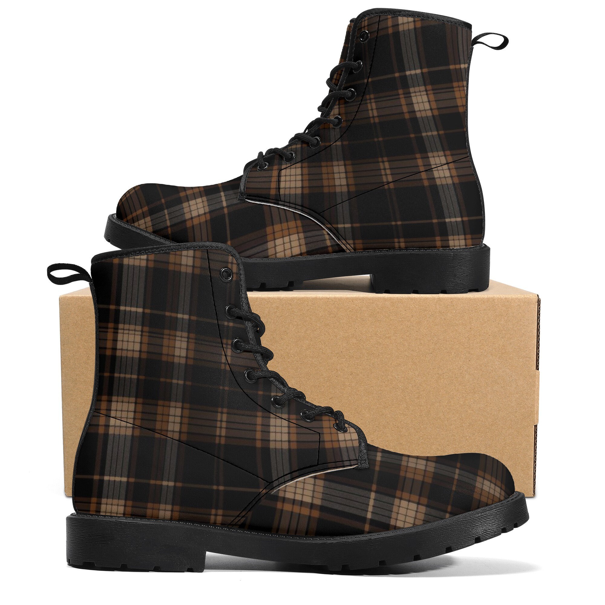 Black Brown Plaid Men Leather Boots Check Tartan Vegan Lace up